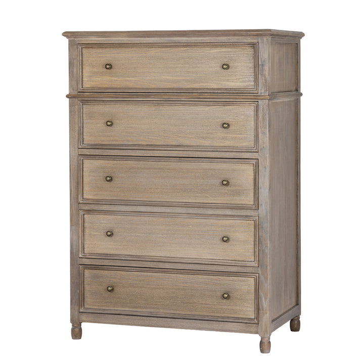 A five-drawer wooden chest of drawers in a weathered gray-brown finish, featuring small round metal knobs and turned feet, shown against a plain white background.