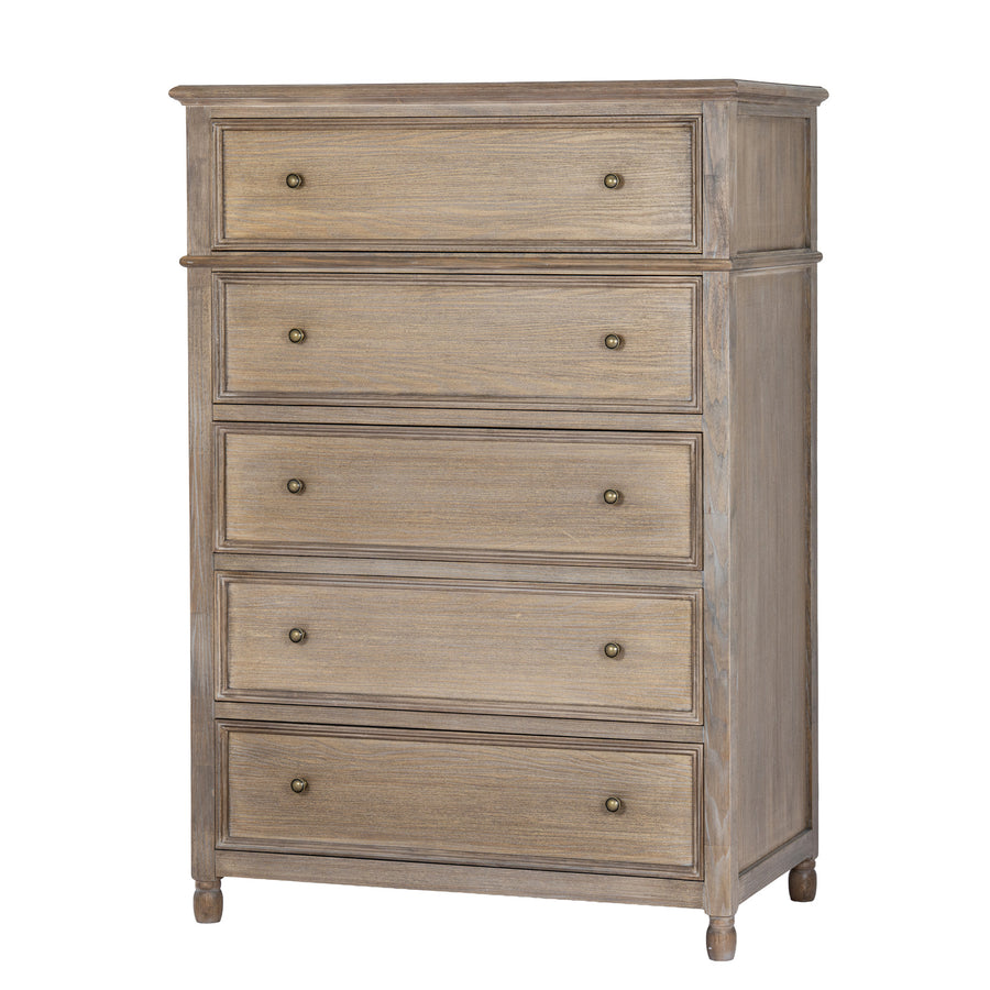 A five-drawer wooden chest of drawers in a weathered gray-brown finish, featuring small round metal knobs and turned feet, shown against a plain white background.