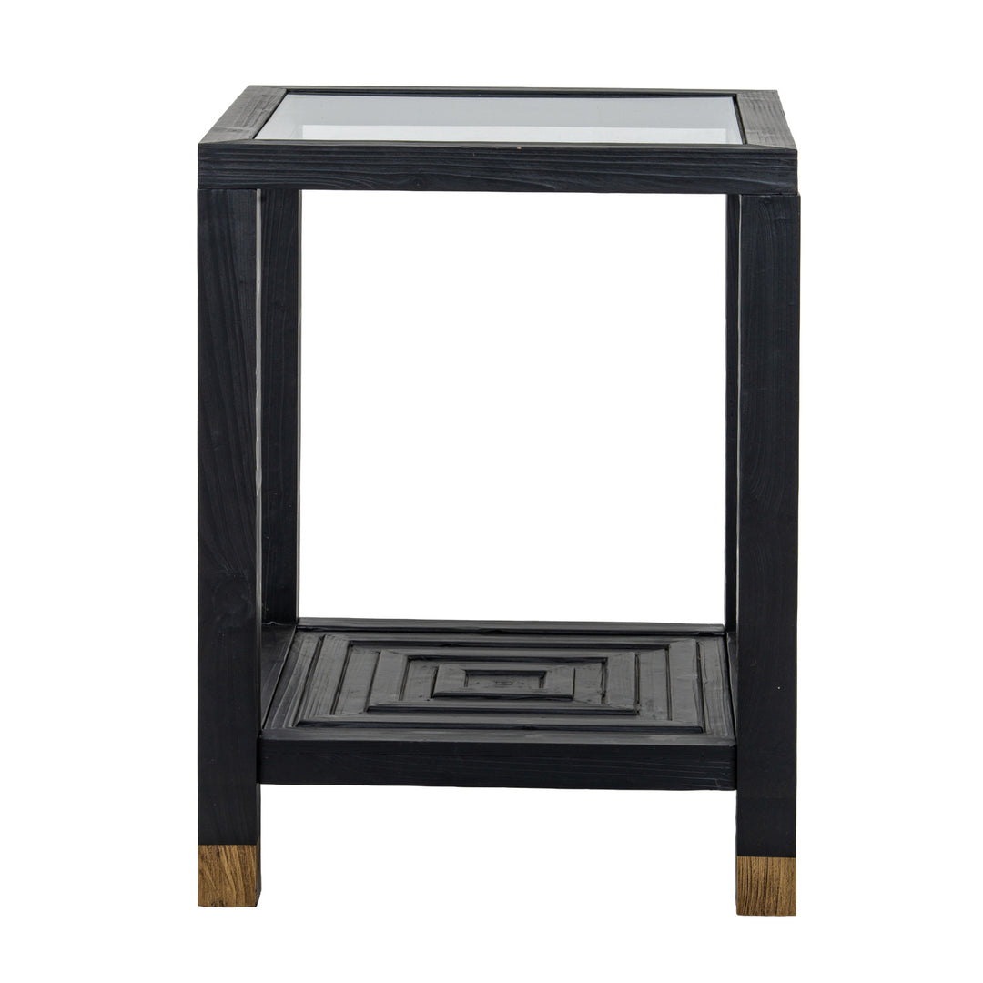 Black side table with glass top on a white background