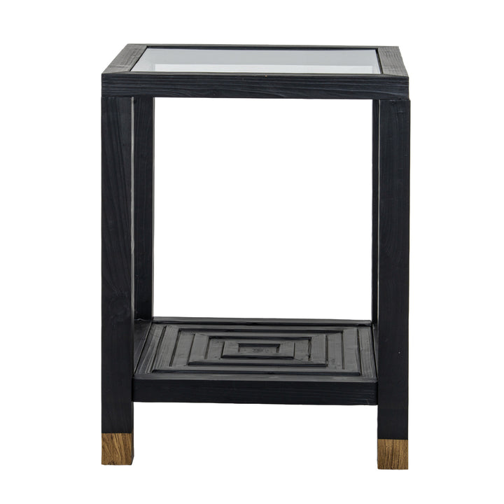 Black side table with glass top on a white background