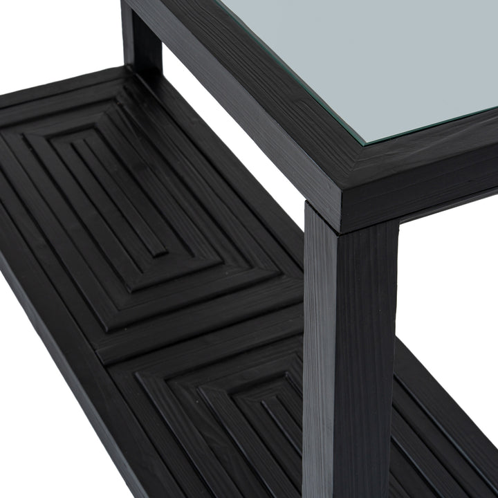 Black metal shelf with glass top on a white background