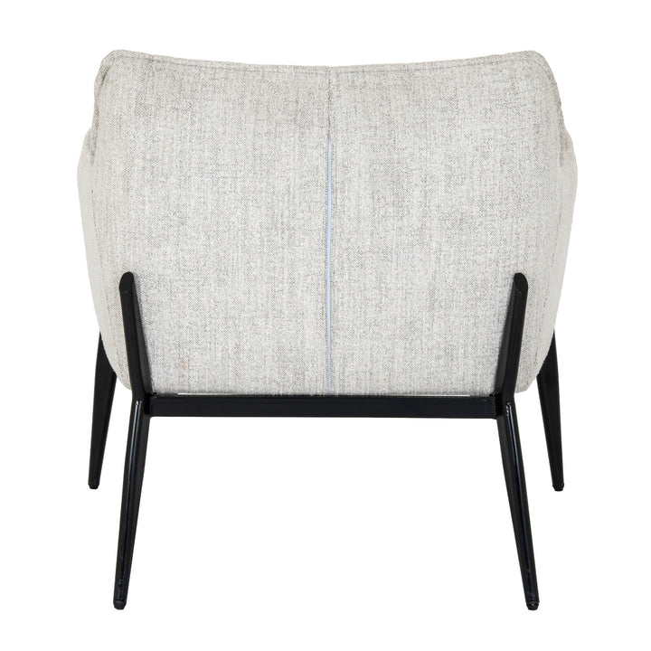Gray upholstered chair with black legs on a white background