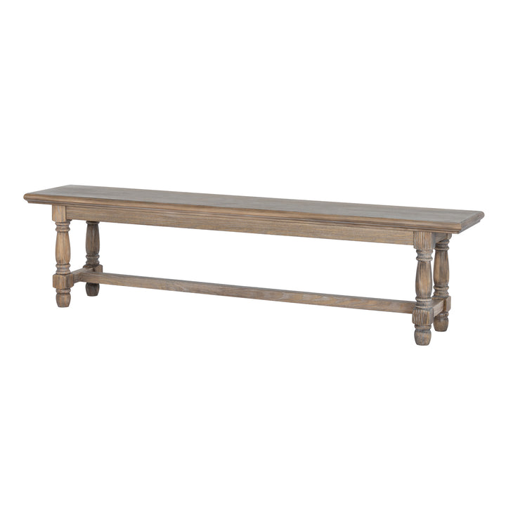 A rustic wooden bench with a weathered gray-brown finish, featuring turned legs and a lower support rail, shown against a plain white background.