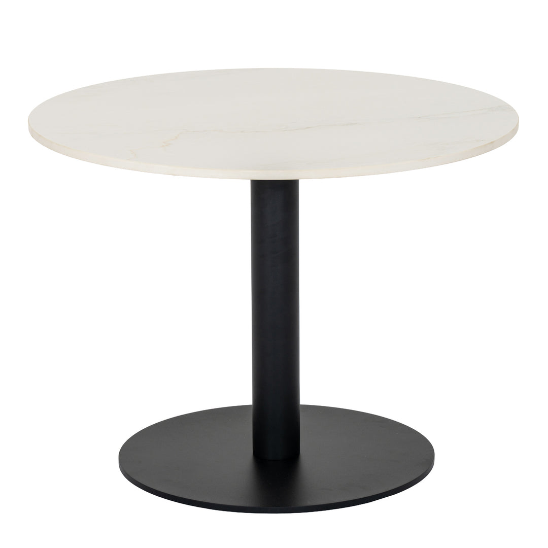 A round table with a white marble-patterned top and a black metal pedestal base with a circular footplate, shown on a plain white background.