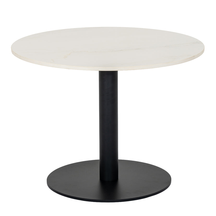 A round table with a white marble-patterned top and a black metal pedestal base with a circular footplate, shown on a plain white background.