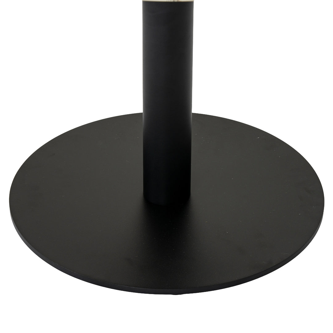 Black metal table base with a round circular platform and a central cylindrical post, shown on a plain white background.