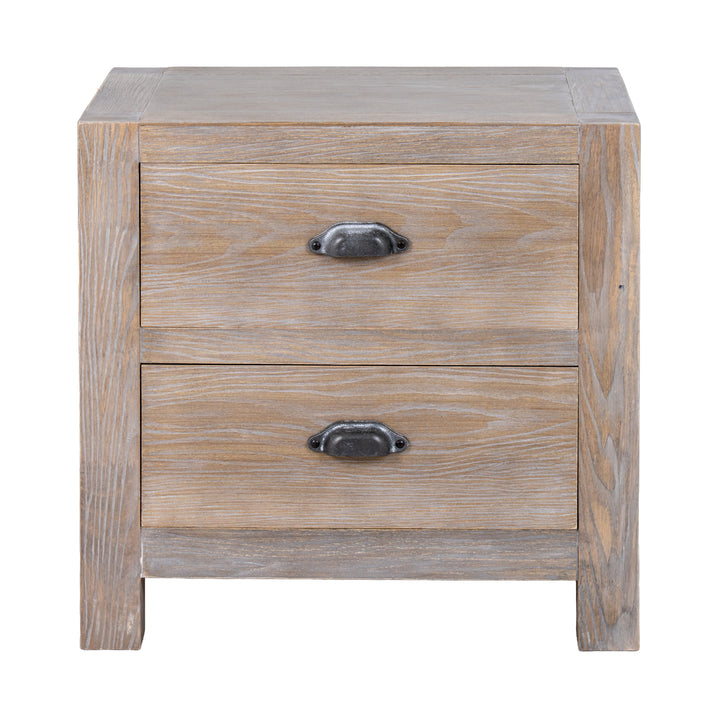 Wooden nightstand with two drawers on a white background