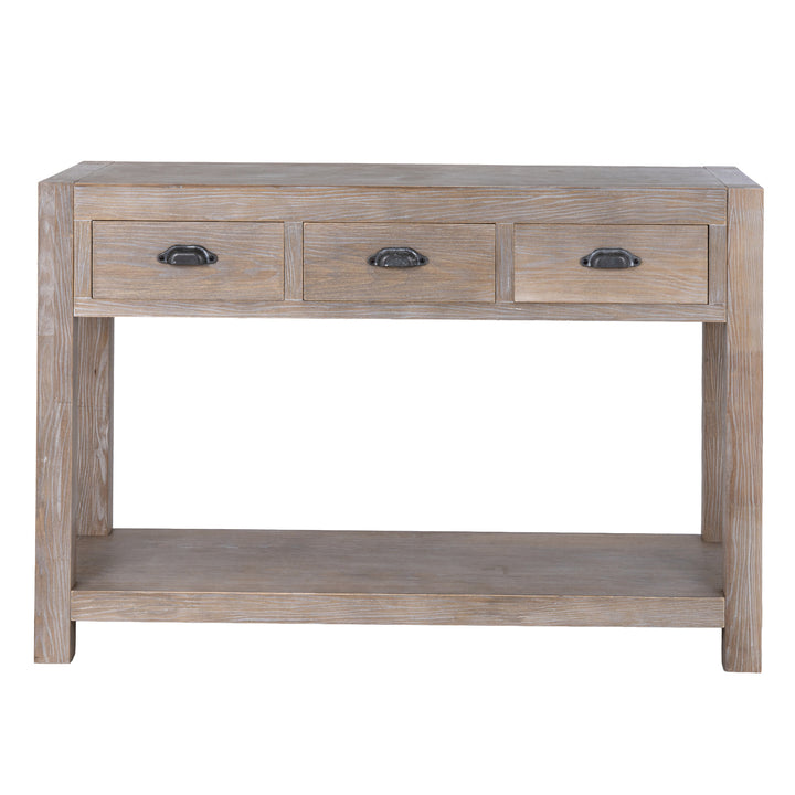 Wooden console table with three drawers on a white background