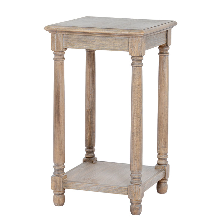 A rustic, single-drawer side table with turned wooden legs and a lower shelf, finished in a weathered gray-brown wash.