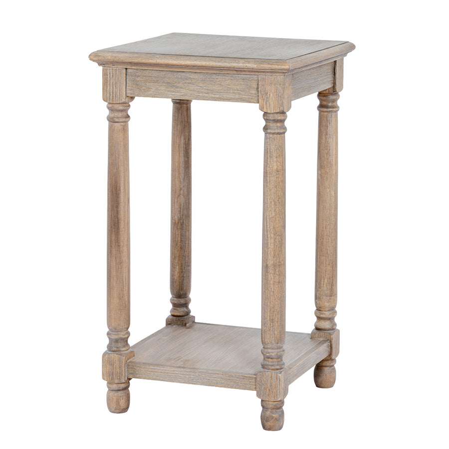 A rustic, single-drawer side table with turned wooden legs and a lower shelf, finished in a weathered gray-brown wash.