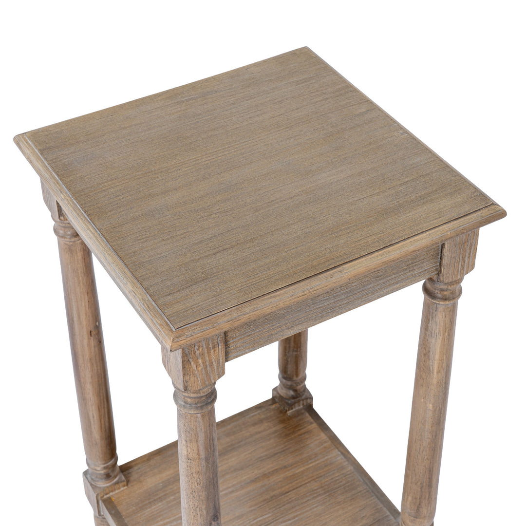 A rustic two-tier wooden side table with a square top and turned legs, shown on a plain white background.