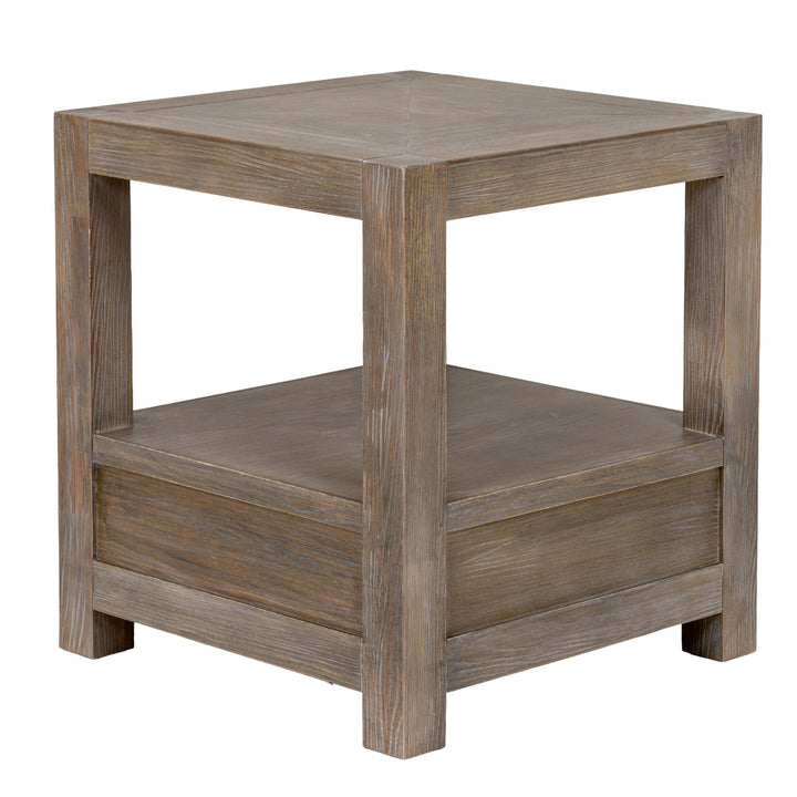 Wooden side table with a rustic finish on a white background
