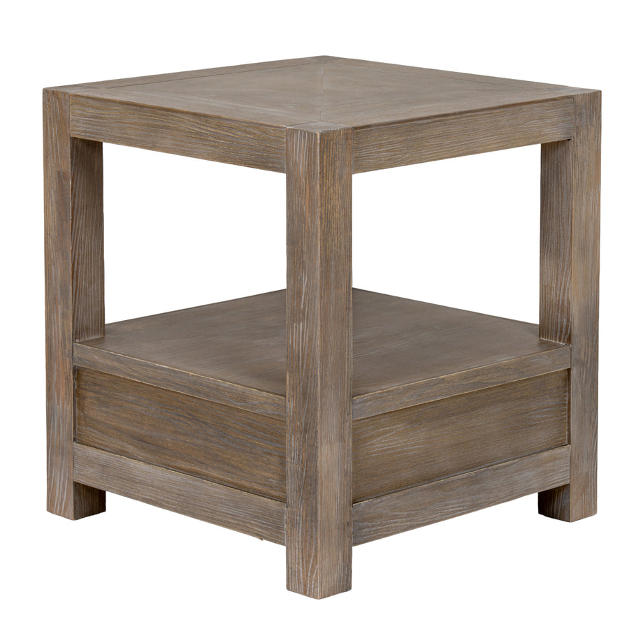 Wooden side table with a rustic finish on a white background