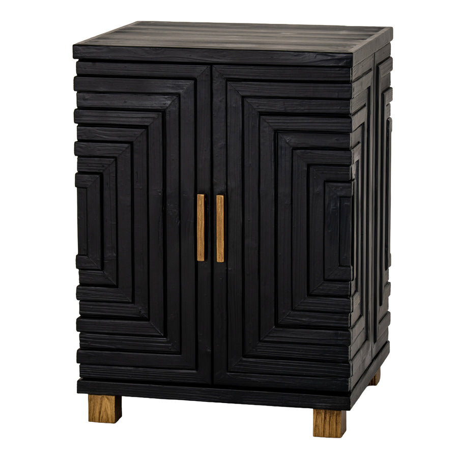 Black cabinet with geometric design and gold handle on a white background