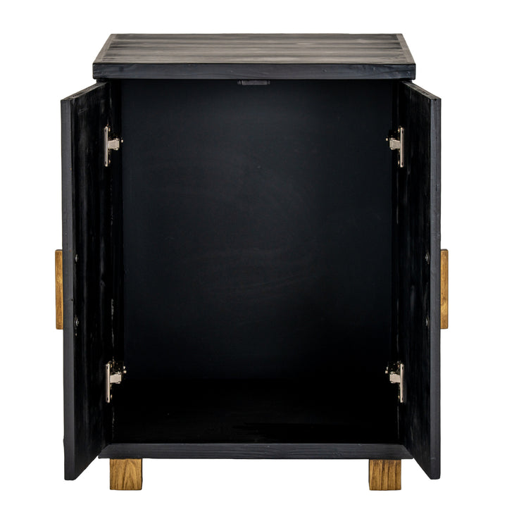 Black cabinet with open doors on a white background