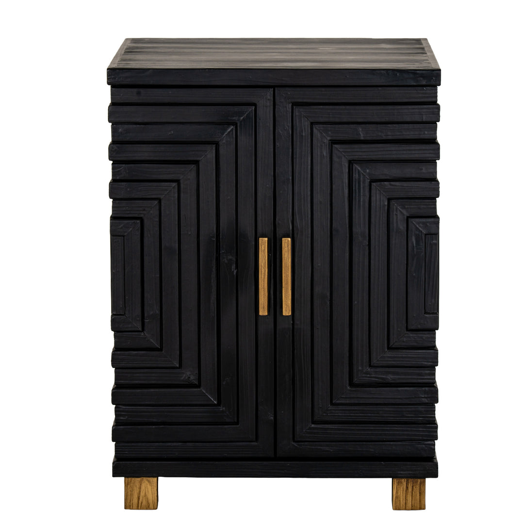 Black cabinet with geometric design and gold handles on a white background