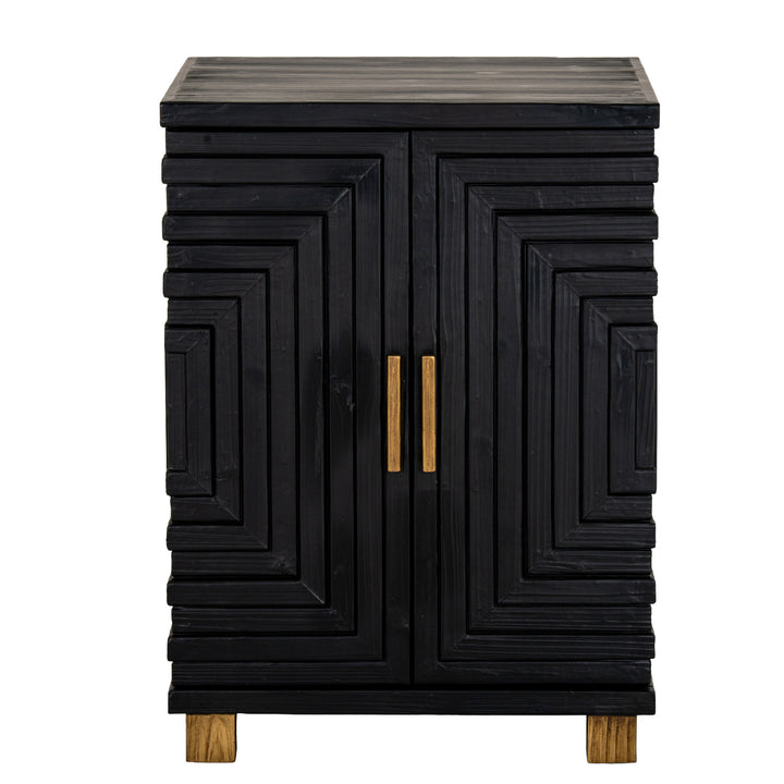 Black cabinet with geometric design and gold handles on a white background