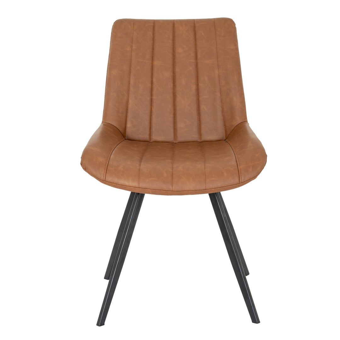 Brown upholstered chair with black legs on a white background