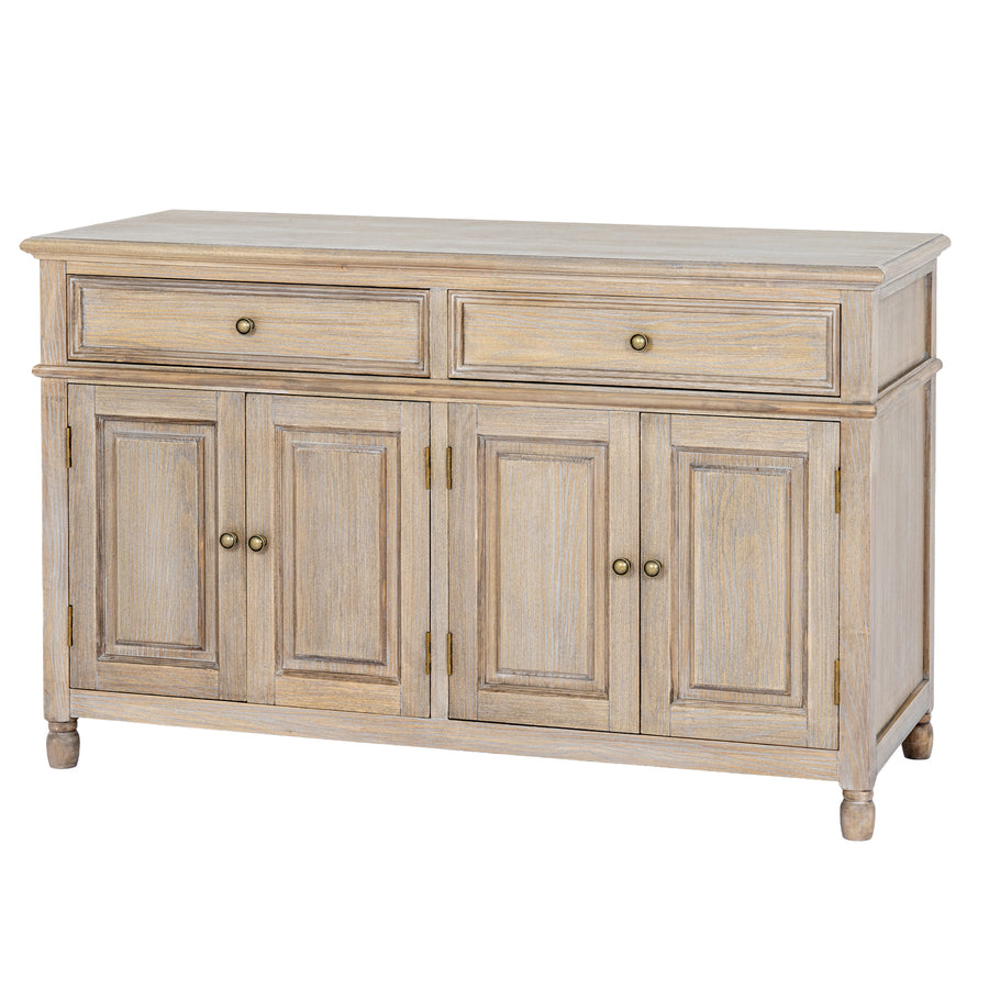 A rustic light beige wood sideboard cabinet with two top drawers and four lower paneled doors, accented with brass-style round knobs and hinges, shown on a plain white background.