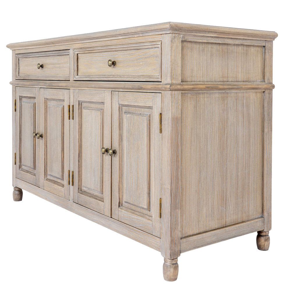 A rustic light gray wood sideboard cabinet with two top drawers, three lower doors, brass-style hardware, and turned legs, shown on a plain white background.