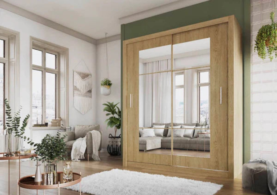 Idea 02 Contemporary Mirrored Sliding 2 Door Wardrobe 5 Shelves 1 Hanging Rail Oak Shetland Effect