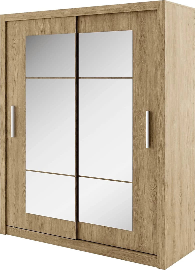 Idea 02 Contemporary Mirrored Sliding 2 Door Wardrobe 5 Shelves 1 Hanging Rail Oak Shetland Effect