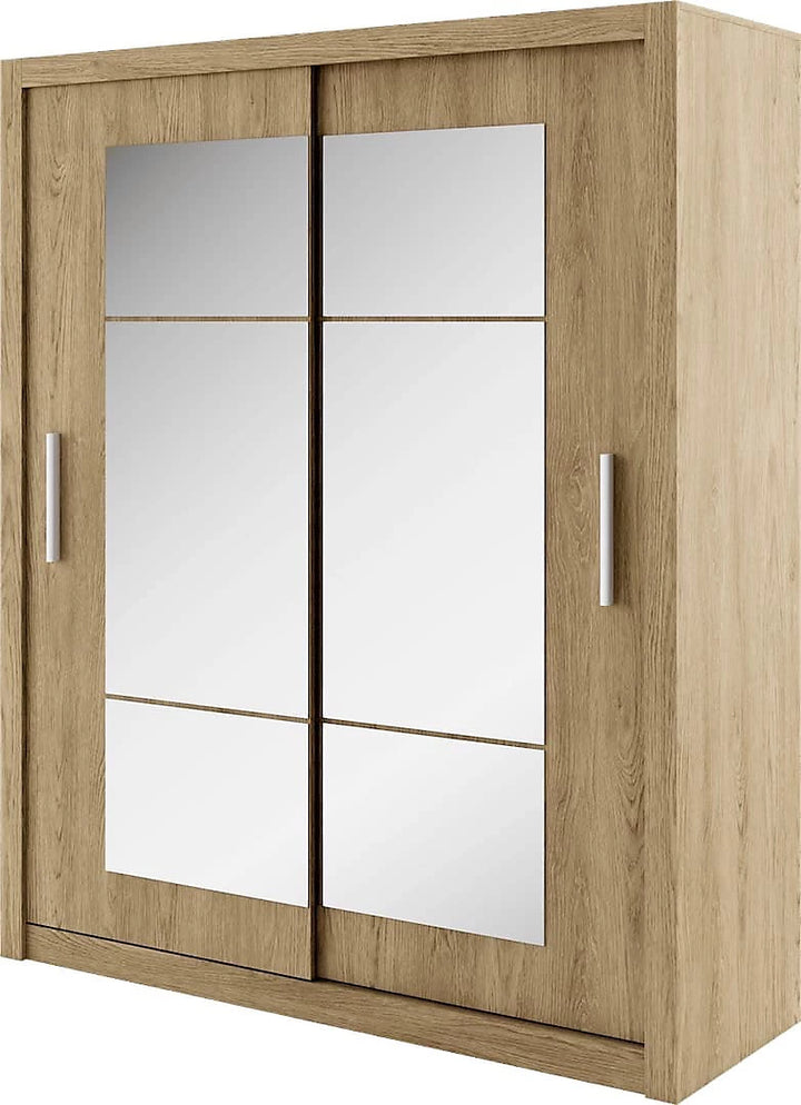 Idea 02 Contemporary Mirrored Sliding 2 Door Wardrobe 5 Shelves 1 Hanging Rail Oak Shetland Effect