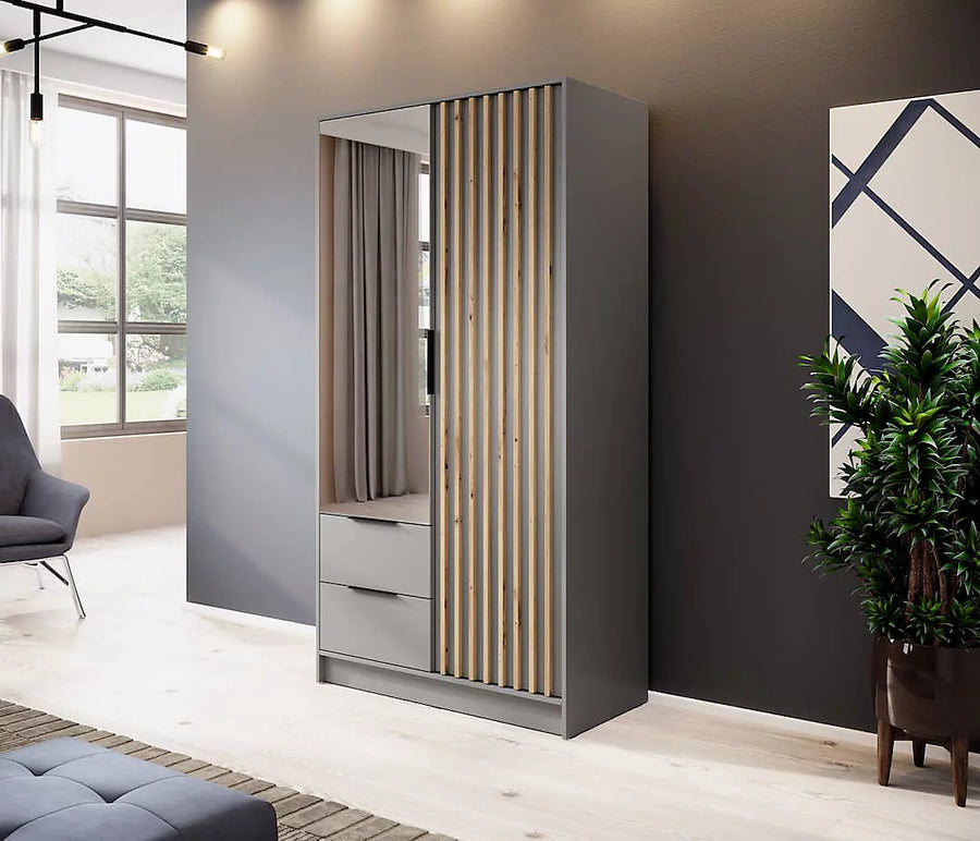 Nelly Contemporary Mirrored Hinged 2 Door Wardrobe Grey 2 Drawers 4 Shelves 1 Rail Lamela Decor