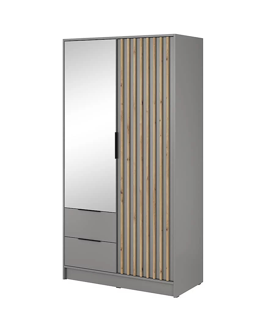 Nelly Contemporary Mirrored Hinged 2 Door Wardrobe Grey 2 Drawers 4 Shelves 1 Rail Lamela Decor