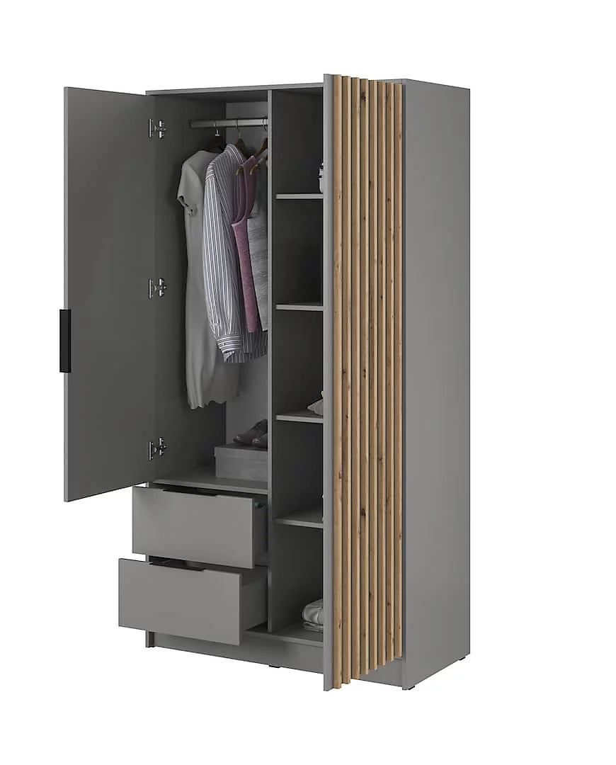Nelly Contemporary Mirrored Hinged 2 Door Wardrobe Grey 2 Drawers 4 Shelves 1 Rail Lamela Decor