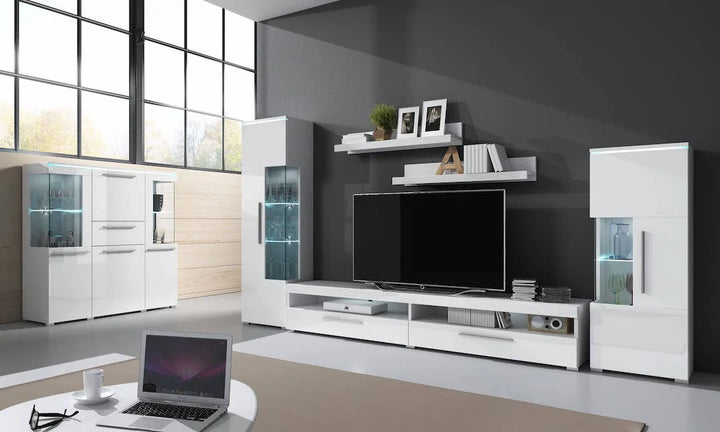 Chic White India 40 TV Cabinet, 2 Pull-Down Doors, Open Shelves, Optional LED, H350mm W2000mm D400mm