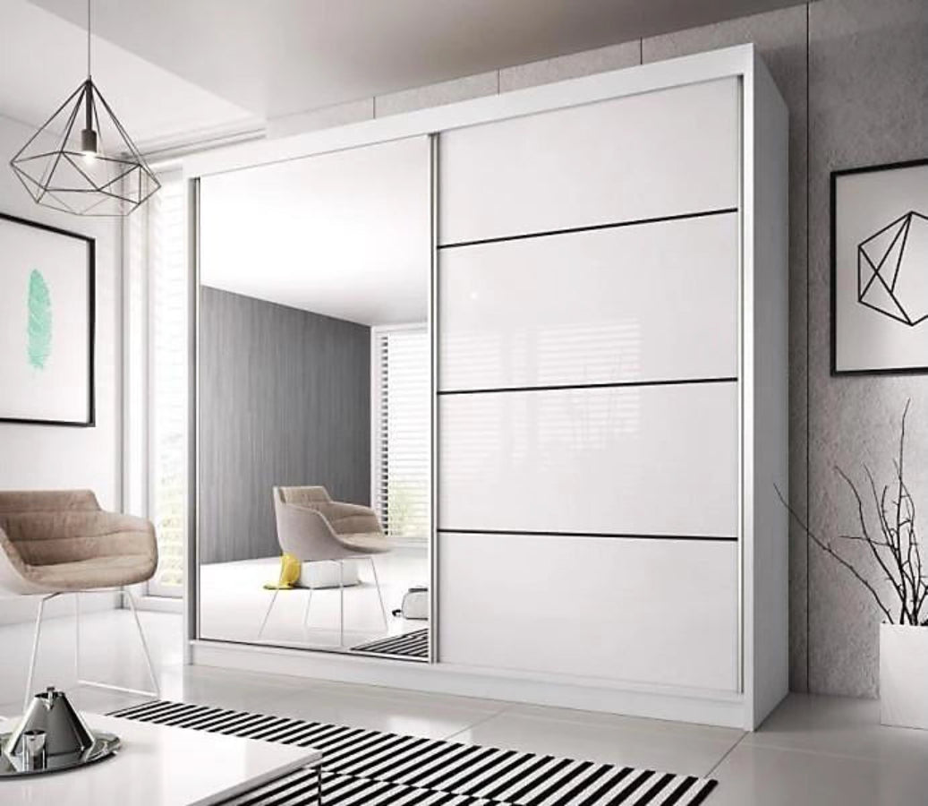 MULTI 233cm - White Sliding Door Wardrobe with Mirrored and Glossy Door