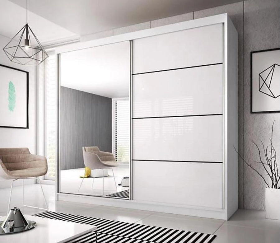MULTI 233cm - White Sliding Door Wardrobe with Mirrored and Glossy Door