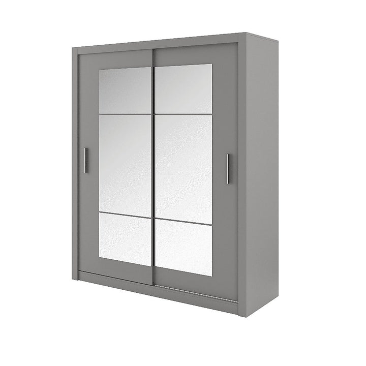 Idea 02 Contemporary Mirrored Sliding 2 Door Wardrobe 5 Shelves 1 Hanging Rail Grey