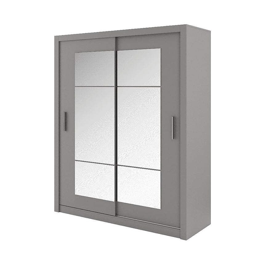 Idea 02 Contemporary Mirrored Sliding 2 Door Wardrobe 5 Shelves 1 Hanging Rail Grey
