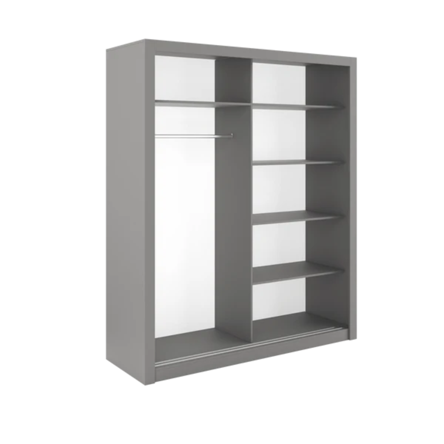 Idea 02 Contemporary Mirrored Sliding 2 Door Wardrobe 5 Shelves 1 Hanging Rail Grey