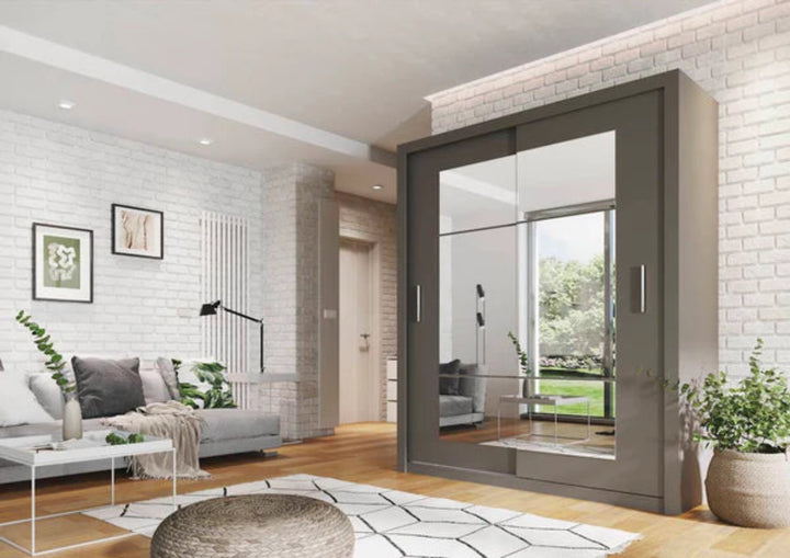 Idea 02 Contemporary Mirrored Sliding 2 Door Wardrobe 5 Shelves 1 Hanging Rail Grey