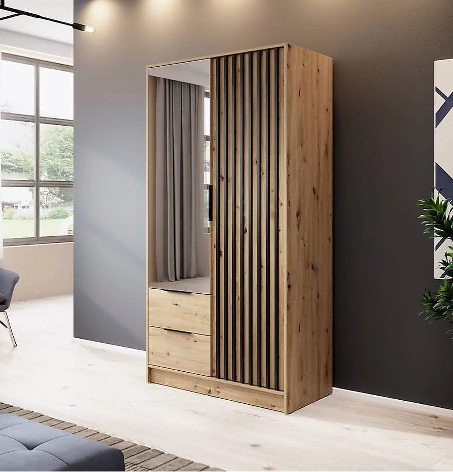 Nelly Contemporary Mirrored Hinged 2 Door Wardrobe Oak Effect 2 Drawers 4 Shelves 1 Rail Lamela Decor