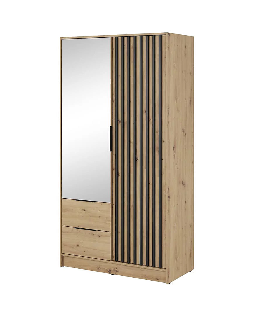 Nelly Contemporary Mirrored Hinged 2 Door Wardrobe Oak Effect 2 Drawers 4 Shelves 1 Rail Lamela Decor