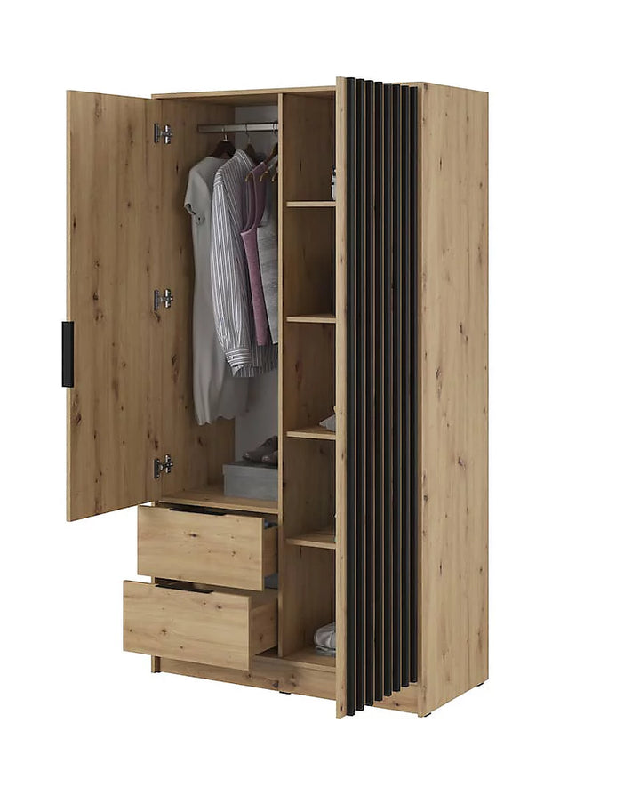 Nelly Contemporary Mirrored Hinged 2 Door Wardrobe Oak Effect 2 Drawers 4 Shelves 1 Rail Lamela Decor