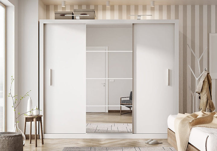 Idea 01 Contemporary Mirrored Sliding 3 Door Wardrobe 6 Shelves 2 Rails White