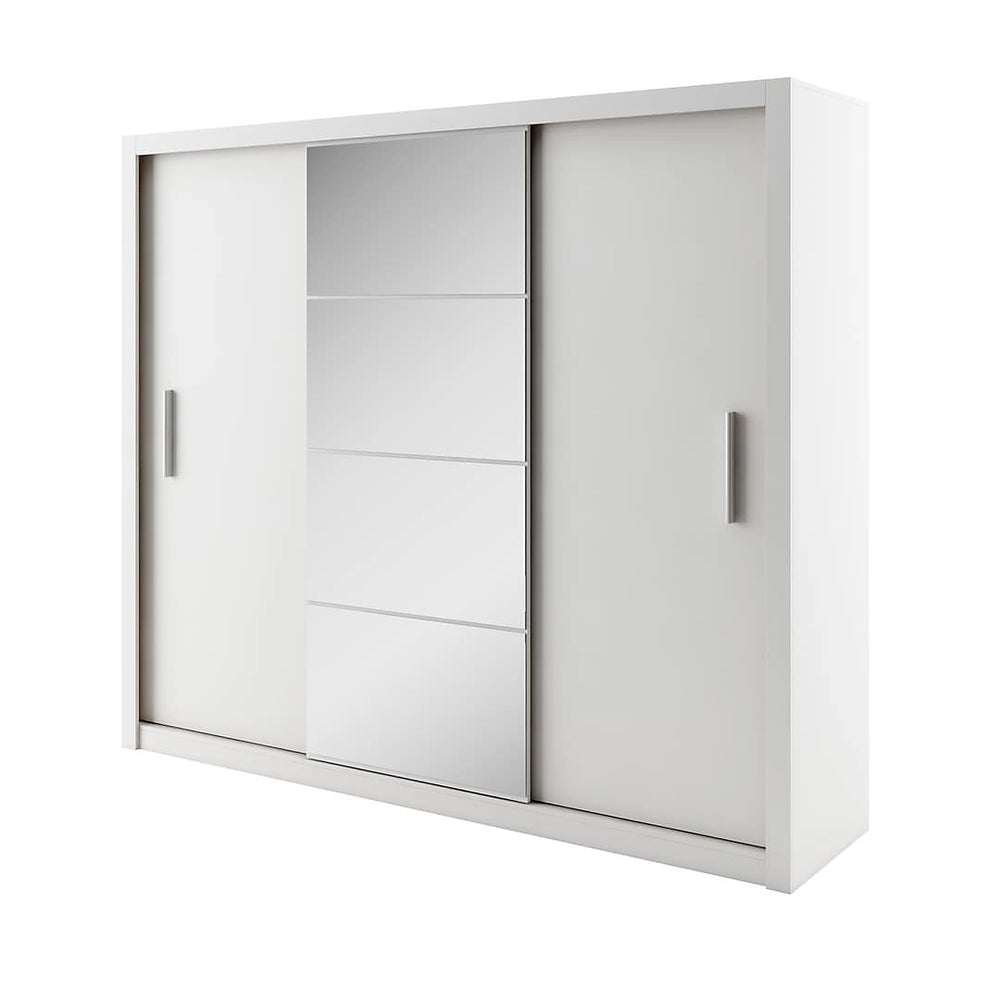 Idea 01 Contemporary Mirrored Sliding 3 Door Wardrobe 6 Shelves 2 Rails White