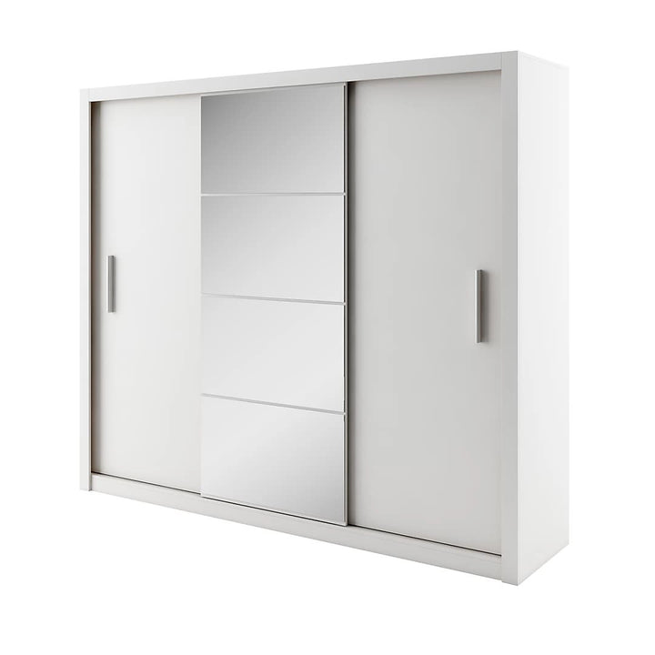 Idea 01 Contemporary Mirrored Sliding 3 Door Wardrobe 6 Shelves 2 Rails White