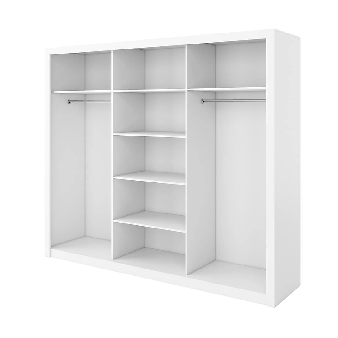 Idea 01 Contemporary Mirrored Sliding 3 Door Wardrobe 6 Shelves 2 Rails White