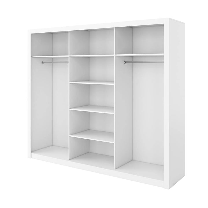 Idea 01 Contemporary Mirrored Sliding 3 Door Wardrobe 6 Shelves 2 Rails White
