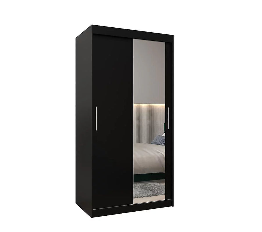 Tokyo 02 Contemporary Mirrored 2 Sliding Door Wardrobe 5 Shelves 2 Rails Black Matt