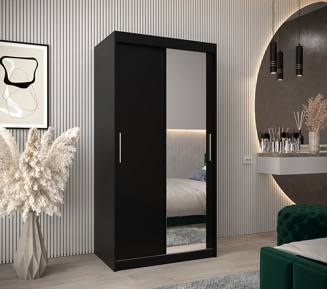 Tokyo 02 Contemporary Mirrored 2 Sliding Door Wardrobe 5 Shelves 2 Rails Black Matt