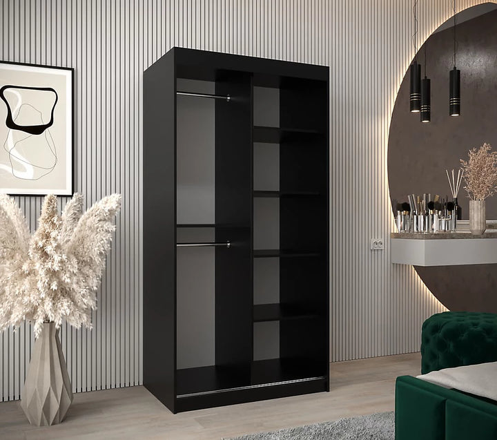 Tokyo 02 Contemporary Mirrored 2 Sliding Door Wardrobe 5 Shelves 2 Rails Black Matt