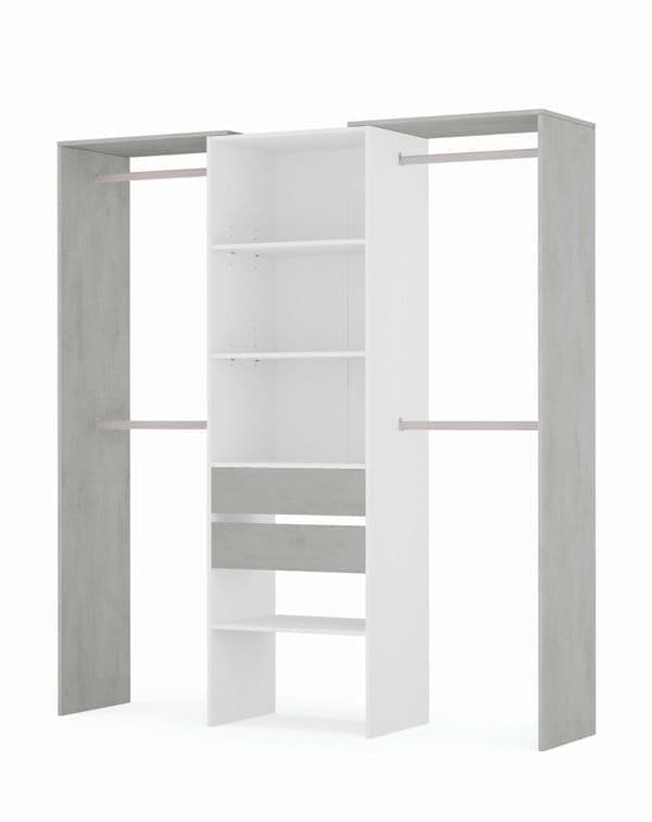 White and gray wardrobe with shelves and hanging rods on a white background