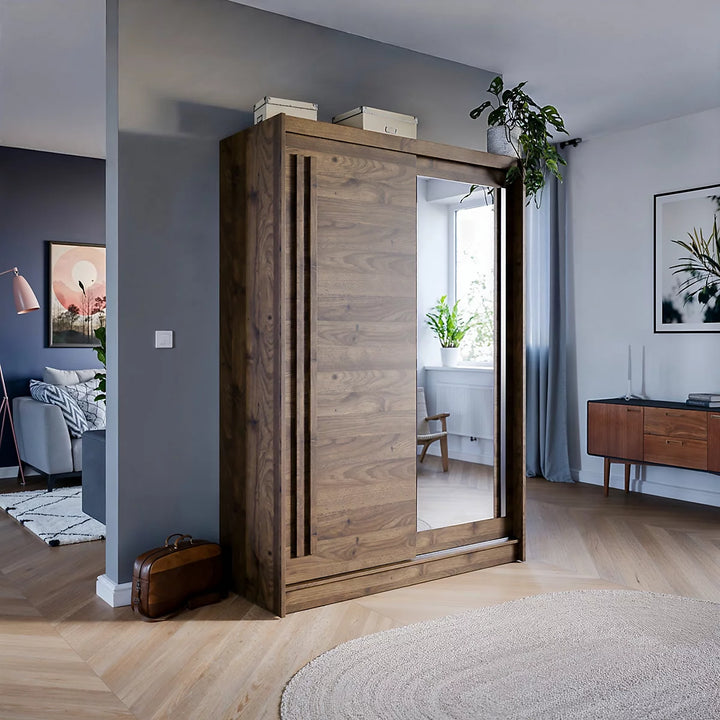 Effect 2 Sliding Mirrored Door Wardrobe in Columbian Walnut - Compact and Contemporary